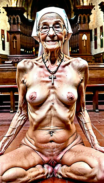 The old nun was a 90-year-old nun who had been living in the cathedral for years. She was extremely skinny, with ribs showing and wrinkly saggy skin. Her fingers were always in her pussy, and she loved to
