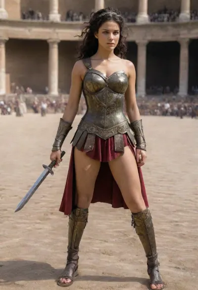 利维亚,熟练的战士,以强度和心力在科洛塞姆战斗. 她的胸罩上装饰着Pulvinar的照片 玫瑰象征着强度和心力