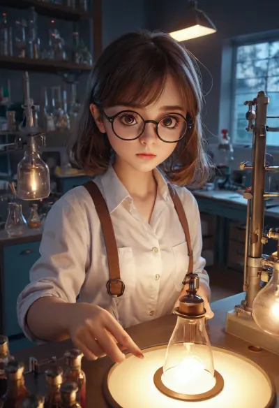 The girl with the round face and glasses was a physics student who loved to experiment with new ideas. She had a big chubby face and glasses that made her look like she was always thinking about something. One day, she decided to try out