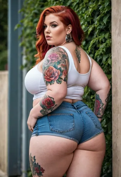 Un modelo de enano de bbw hiper grasa con un culo redondo y tummy, usando una tapa de cosecha blanca y mini tangas extremas. Ella tiene grandes pechos flojos que se colgan en su cintura. Sus gruesos muslos están cubiertos de tatuajes,