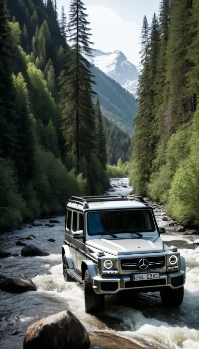 In the year 2025, a Mercedes G-Class was offroading through the forest river. The driver was using a highly detailed and sharp focus picture to capture every tiny detail of the river and its surroundings