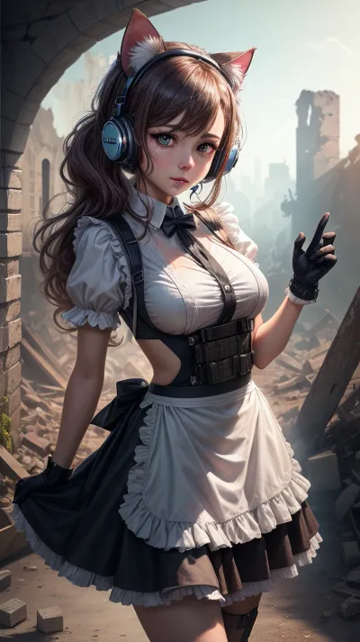 The AI maid stood in the ruins, her bulletproof vest and tactical headphones giving her a sense of power. She held a high-quality 5K camera in her mechanical hand, ready to capture the perfect shot for her client's latest project. Her