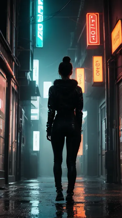 The futuristic city is illuminated by neon lights, creating a surreal atmosphere. The rain adds to the atmosphere of intrigue and suspense. The girl's hair is wet and sticking to her face, adding to the overall surreal atmosphere. Her eyes are