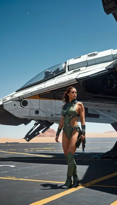 In the far reaches of space, a lone fighter pilot stands on the deck of a spacecraft carrier, wearing only her pilot's suit and helmet. She is tired after a long mission and is taking off her pilot's suit to relax in the warmth of