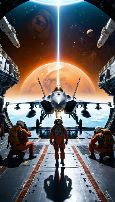 The female pilot of the space fighter takes off from the deck of the aircraft carrier, flying towards the distant horizon. The white rays of the sun shine on her face as she flies through space, surrounded by a cold void. She reaches for her controls