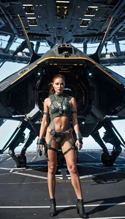 The fighter pilot in a space suit stands on the deck of a spacecraft carrier, waiting for her next mission. She is surrounded by the sleek and futuristic design of spacecraft technology. The crew members are busy with their tasks, maintaining and refueling