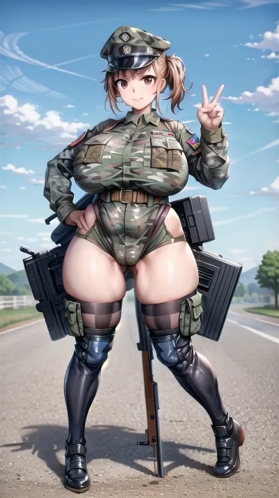 The AI generated a pornographic picture of a giant breasts wearing army camouflage uniform with a detailed full body shot, looking at the viewer