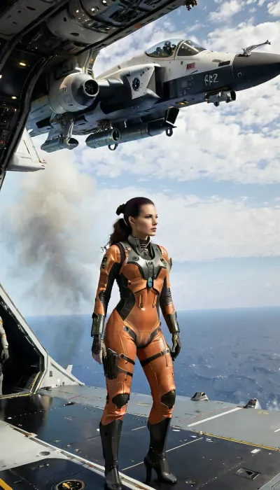 A female astronaut in futuristic space combat gear, equipped with anti-aircraft turrets and fighter jets, is on a mission to fight against the invaders in outer space. The scene takes place in a space shuttle storage bay with futuristic technology