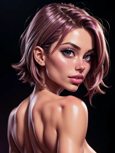 Ein atemberaubendes AI-generiertes Porno-Bild von einem hochwertigen, hochwertigen, detailreichen Bimbo ohne Make-up und dunkelrosa Haar