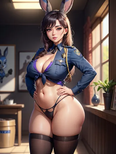 朱迪·霍普斯(Judy Hopps),一位有着波动曲线和令人惊叹的身体的警官,站在镜头前,双手放在臀部. 她的毛皮通过透明的光线 完全可见 显示她的曲线和自然美