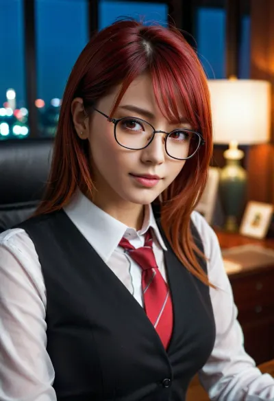 The AI, with its intricate details and looking straight ahead at the camera, scores a 9 on the source anime. The picture is of a girl with long hair in a tight red dress, looking between eyes closed from behind her glasses. Her bangs