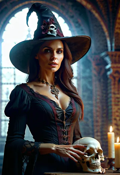 In the dark and eerie forest, a vampire witch with a hat and skeleton-looking creature stood. They were both wearing VD Image's AI-generated portraits and were holding their respective weapons. The vampire witch was in the style of Eve Vent