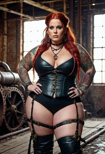 Un modèle de nain BBW hyper gras de 40 ans avec seins et tatouages hypertoniques, portant une tenue de steampunk, a été capturé dans une usine abandonnée à vapeur. La photo a été prise sous un angle élevé, montrant la femme