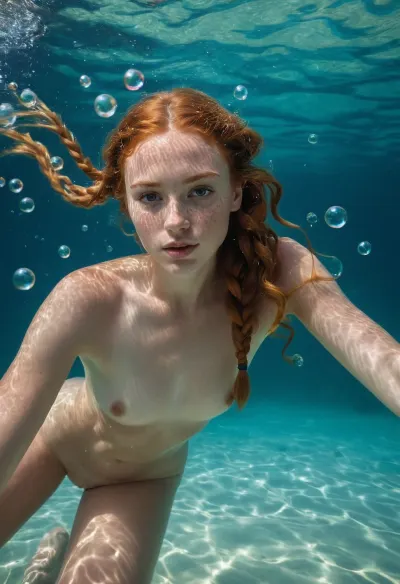 The young woman, with freckles and long legs, dived into the water and swam under the surface. She looked around for any signs of life, but saw only bubbles and the occasional fish. As she surfaced, she took a deep