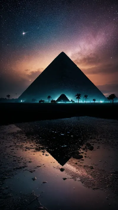 The photograph depicts a surreal and breathtaking scene of an ancient alien world, with a pyramids towering over the landscape. The sky is painted in bright colors, and the atmosphere is full of mystery. The colors are saturated and vibrant, creating a