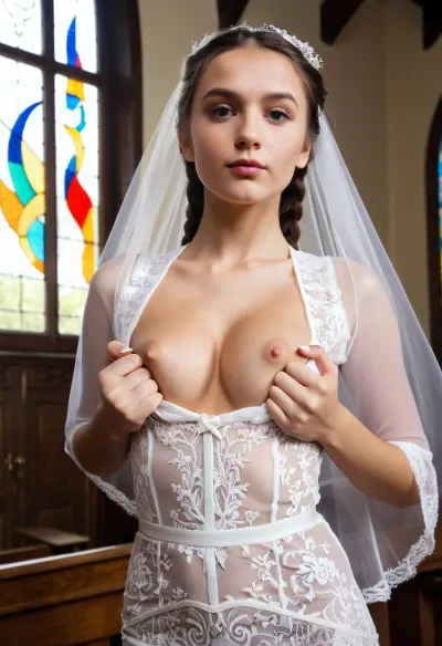 La joven se puso de pie en el alter, su largo pelo moreno cayendo por la espalda. Llevaba un vestido de boda de sirena blanca, con detalles de trenza holandés intrincados. Sus senos expuestos eran visibles a través del encaje de su parte superior, y ella