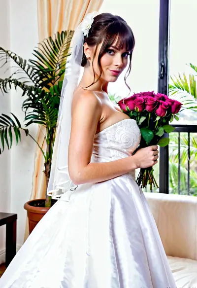 Невеста стояла перед окном, ее длинные волосы и открытый рот, раскрывая ее голые плечи, раскрывая фиолетовое платье с одним плетом, пробегающим через него. Она держала букет фиолетовых роз и красневших розовых лепестков роз, и