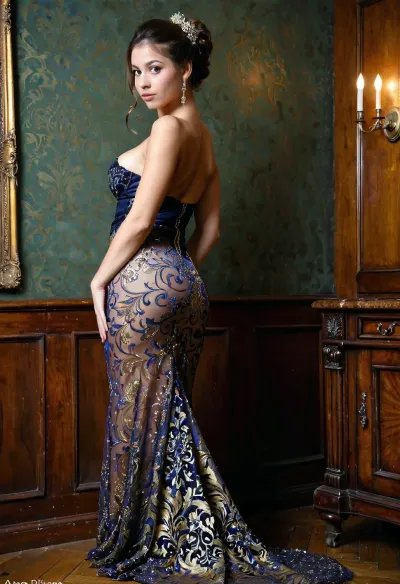 Eine atemberaubende, 32g offene perfekte Brust, kompliziert gestaltete Kleid, die ihre Figur perfekt anschmiegt. Ihr Haar ist in einem anspruchsvollen Updo gestylt, und ihr Make-up perfekt ergänzt ihre sportliche Körper. Sie trägt zarte Ohrringe, die schön dangle