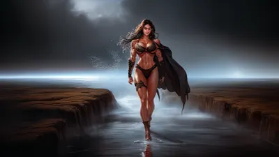 A young woman with toned abs and biceps, wearing a leather breastplate and holding a crossbow in one hand, surveys the area around her while ready for any danger that might come her way