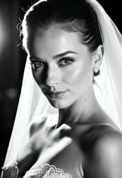 The AI generated a stunning photo of a woman wearing a wedding dress with brilliant green eyes, intricate hairstyle, and perfect skin texture. The lighting was flattering and professional, with perfectly composed facial features and an elegant atmosphere