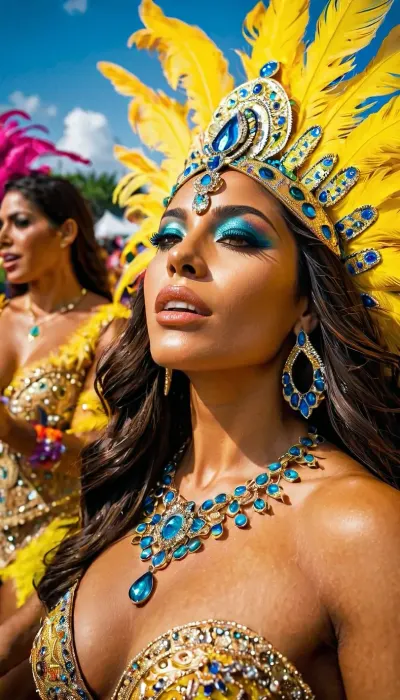 A woman in a stunning pink dress stood at the entrance of the Brazilian carnival, her eyes scanning the crowd for a man who would capture her heart. As she walked through the colorful crowds, she couldn't help but notice how beautiful everyone looked in