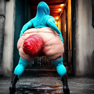 Una donna con un corpo denso, i capelli turchesi, e i tatuaggi avevano un viso spalancato e sciocca. Lei era da dietro vista con estremamente grande prolasso bagnato visibile da dietro