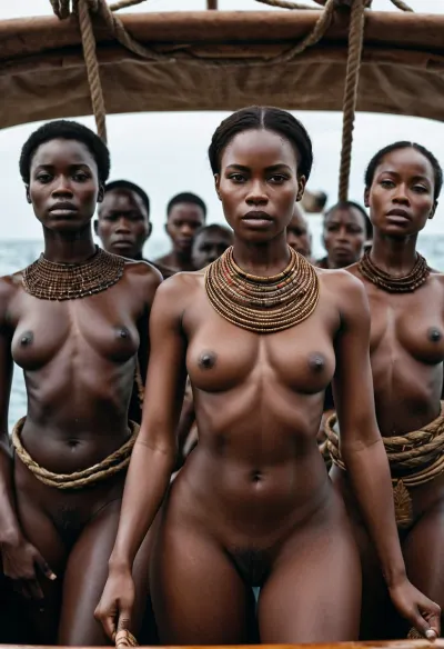 Una foto de un barco lleno de esclavas negras desnudas congoleñas negras adultas en trajes de esclavos, rodeado de detalles muy detallados e intrincados, generados a partir del texto "AI, generar una foto de un barco lleno de negro congoleño desnudo