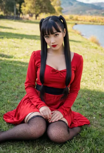 Кимико, профессиональная модель с длинными, черными волосами и близнецами, уверенно выступает перед камерой в красном платье, которое прекрасно обнимает ее кривые. Ее помада смелая и сексуальная, что делает ее похожей на настоящую порнозвезду