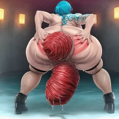 The woman was a bimbo with a big wet prolapse, turquoise hair, tattoos, and an anal piercing. She had thick body, turquoise hair, and tattoos. Her anal beads were extremely realistic and the best