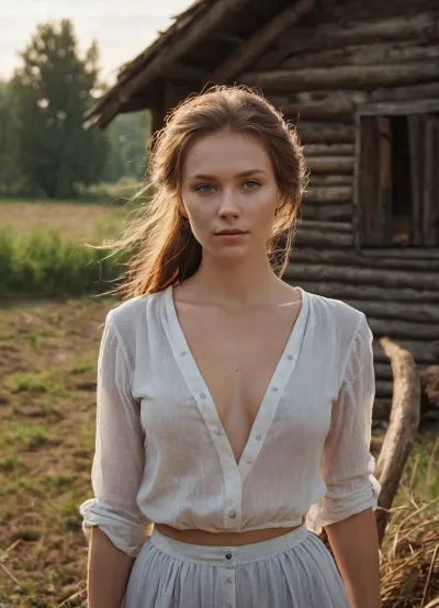 The Russian peasant girl stood in front of the camera, her skin covered in sweat from the hot summer sun. Her long chestnut hair flowed down her back, framing her beautiful face. She wore a simple peasant dress that revealed her muscular arms and collar