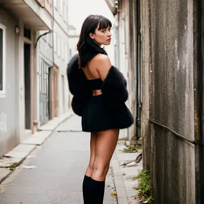 一个26岁的职业时尚模特,长着深色的头发和大爆炸,在柏林为裸照假扮. 她有长长的深色头发和爆炸 完美地塑造了她的脸。 她的化妆是无瑕疵的,突出她