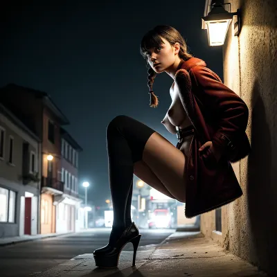 一个穿着裸体毛皮外套的25岁女孩 被拍到一幅令人惊叹的照片 展示了她的脚和刮胡子的阴部 工作室的灯光创造了一种艺术氛围 使它成为一部杰作