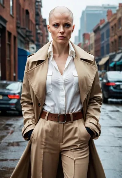 Cassandra Nova, the leader of the X-Men, has taken over the world and established a new society based on her own twisted ideals. She is depicted as having blue eyes and wearing a beige trenchcoat, white shirt, and brown trousers