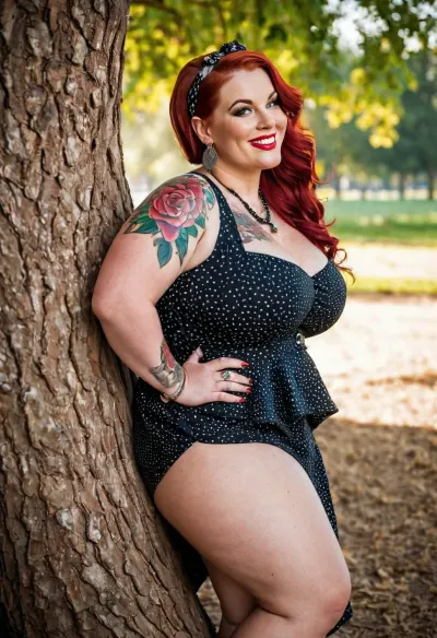 Uma mulher de 40 anos com um rabo redondo grande, coxas grossas, e uma tatuagem de middy em sua barriga poses sob a árvore em uma foto dinâmica com grandes brincos e colares