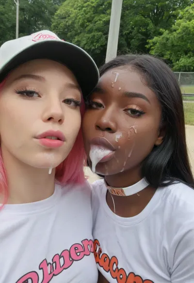 Deux jeunes adultes AI, l'un portant un collier de choker et rose long serré T-shirt et l'autre portant un style d'egirl noir lâche serré T-shirt avec un collier de choker et rose long visière large, ont apprécié une journée à