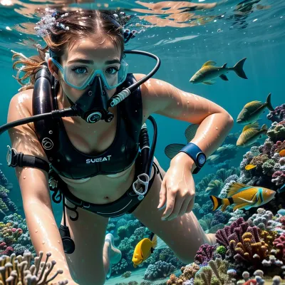 アスレチックジンジャーヘアメイクをした少女は、深海で魚を泳いでいました。 彼女は彼女のメイクを台無しにしていたので、彼女は泣いた。 魚に近づいて泳ぐと、スマホで写真を撮りました。 インフォメーション