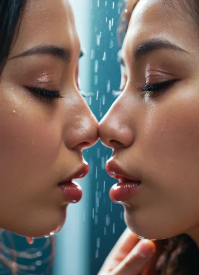 Two girls kiss passionately in a dimly lit room, their lips soft and wet as they explore each other's mouths with their tongues. They hold each other close, exploring each other's mouths with their tongues as they caress each other's cheeks