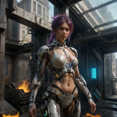 Zarya stand groß und stolz im futuristischen Exoskeleton, ihr Cyberpunk-Outfit aus dunklen Farbtönen von Braun und Schwarz, mit Hauch von Neon Rosa. Ihr Kragen war offen und zeigte ihren schlanken Hals und glatte Haut. Sie trug ein kurzes Schwarz