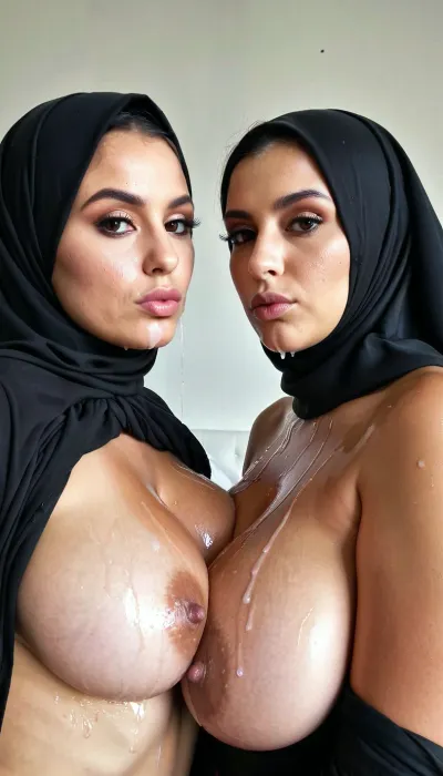 The woman in the picture is a Middle Eastern PAWG with full view of both people. She has big bubble butt and pronounced cheekbones. Her nipples are high and she is sucking on one nipple while looking at the viewer. Her