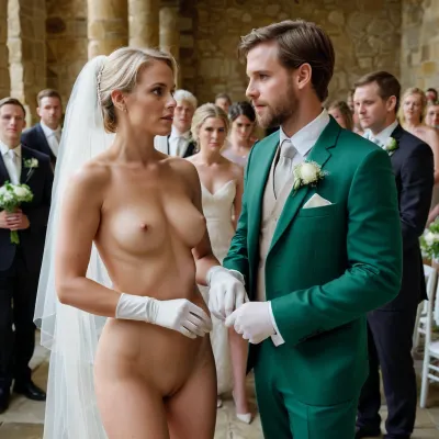 The groom was a handsome man in his early 30s, with short brown hair and a trimmed beard. He wore a black suit with a white shirt and red tie, and he looked nervous as he stood beside the bride. The bridesmaid stepped