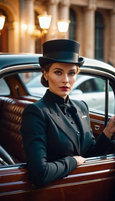 A beautiful woman dressed as a chauffeur stood outside the grand mansion, waiting for her next client. She had been hired by a wealthy businessman to drive him around town and show him the sights. From that day on, she became known as the