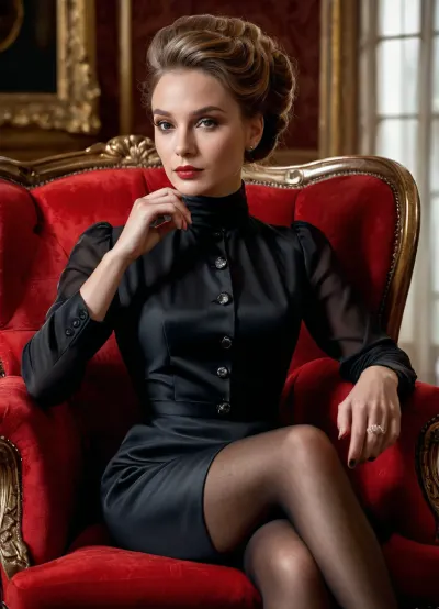 Die Frau mit hellbraunen Haaren in einem eleganten Updo, tragen subtil Make-up mit rauchigen Augenschatten und nackten Lippenstift, gekleidet in einem schwarzen Satin-Kleid mit Knopfdetails und schiere schwarze Strümpfe, saß sicher auf einer reichen Textur