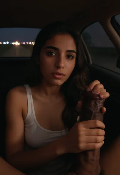 Male pov, dirt road at night, in car, 18yo, arab girl receiving facial cumshot from giant black penis, two hands on penis, average body, 4'10", 70 lbs, 32B, long hair, casual clothes, make-up, choke hold, <lora:cockteaseLoRASDXL:.5>, <lora:Penis_XL:.5>