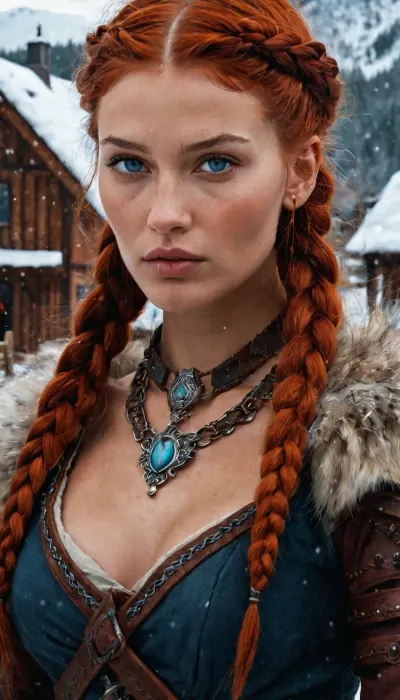 一个充满活力的维京勇士少女,有着独特的风格和特征,灵感来自萨沙·卢斯(Sasha Luss)和贝拉·哈迪德(Bella Hadid)组合的独特特征,牢牢地站在一个生锈的村庄的中心,雪色的风景提供了鲜明的对比. 她的蓝眼睛