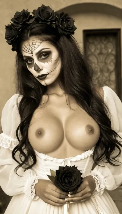 The 19 year old Mexican bride in 1896 was a stunning beauty with long wavy black hair, wearing a ruffled wedding dress that showed off her ample cleavage. She had wide hips and a large natural soft breasts that were on display as she