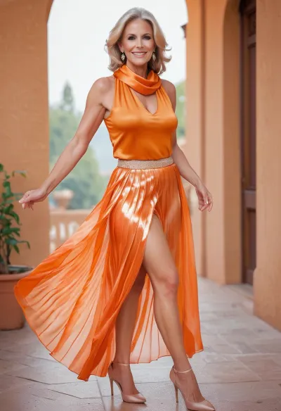 55-летняя женщина с красивой улыбкой и полным видом на тело, в прозрачной длинной плиссированной блестящей юбке из атласа, и сексуальная женщина-мильф. Она также носит шарф, стилетто