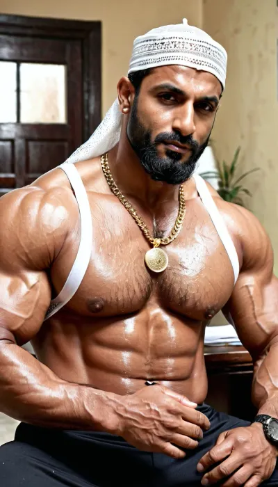A 40-year-old Muslim bodybuilder with large muscles and a sharp facial expression was applying perfume to his muscular body in his bedroom. He had a strong and defined physique, with large muscles bulging out of his tanktop. His nose was
