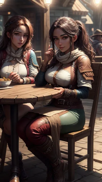 Two adventurers sat opposite each other at a table, their high-resolution faces and detailed pictures adding to the magic of their moment together. They were both beautiful women with high-resolution faces and very detailed pictures, which only added to the magic of