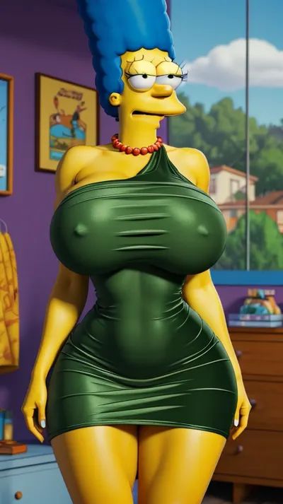 Marge Simpson, der geliebte Charakter aus der ikonischen TV-Show "The Simpsons", wird in einem atemberaubenden samtgeknöpften Hemd mit großer Brust, grün muskulärwoman-1000 mit pokies dargestellt