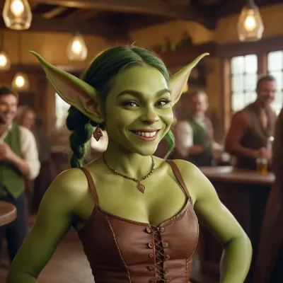 Il était une fois, il y avait une jolie fille goblin nommée Sarah qui aimait danser et s'amuser. Un jour, elle trébucha sur une vieille taverne abandonnée depuis des années. À l'intérieur, elle a trouvé une petite créature verte avec